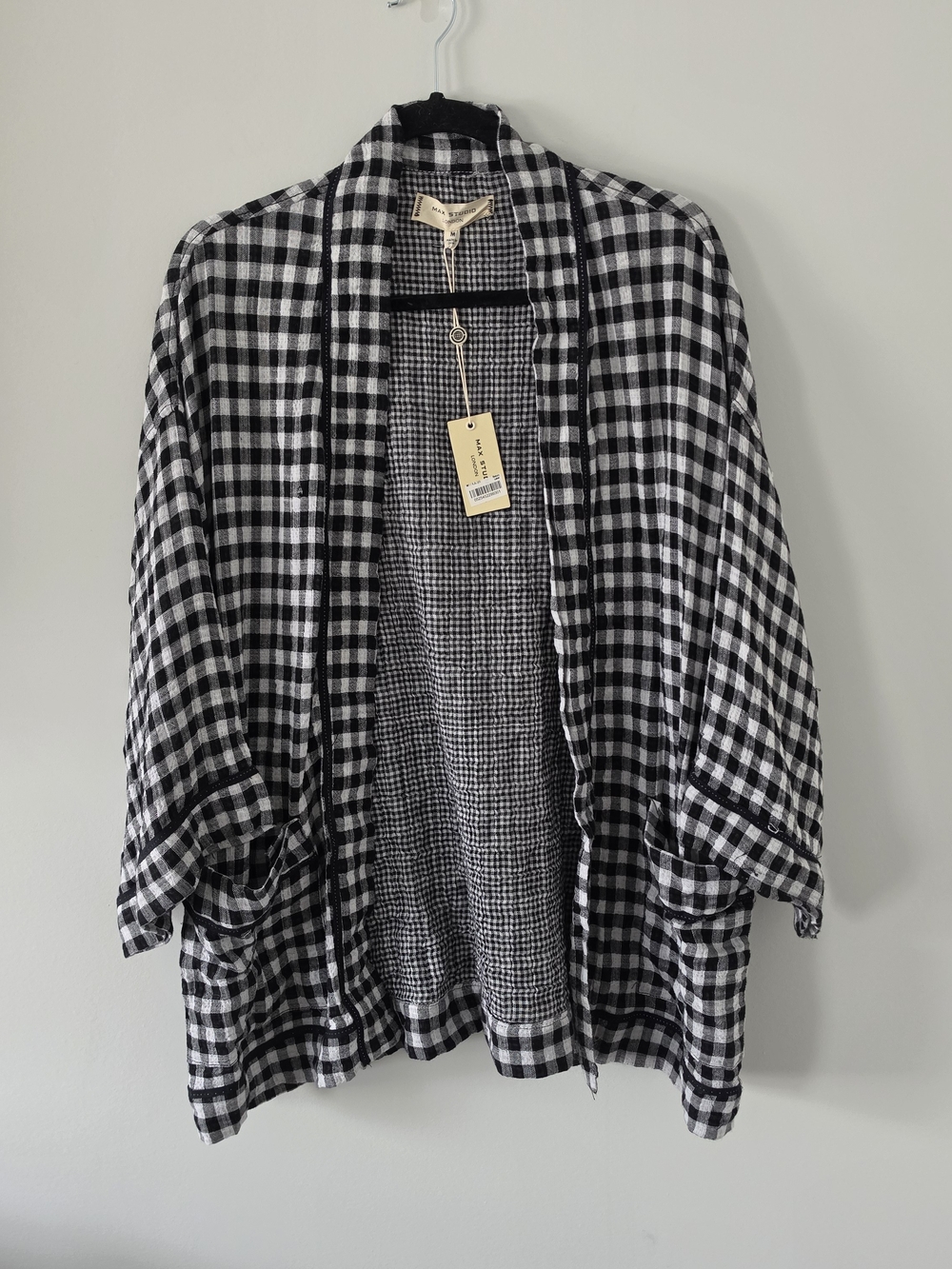 Max Studio London Black & White Gingham Cotton Kimono Jacket Size M NWT